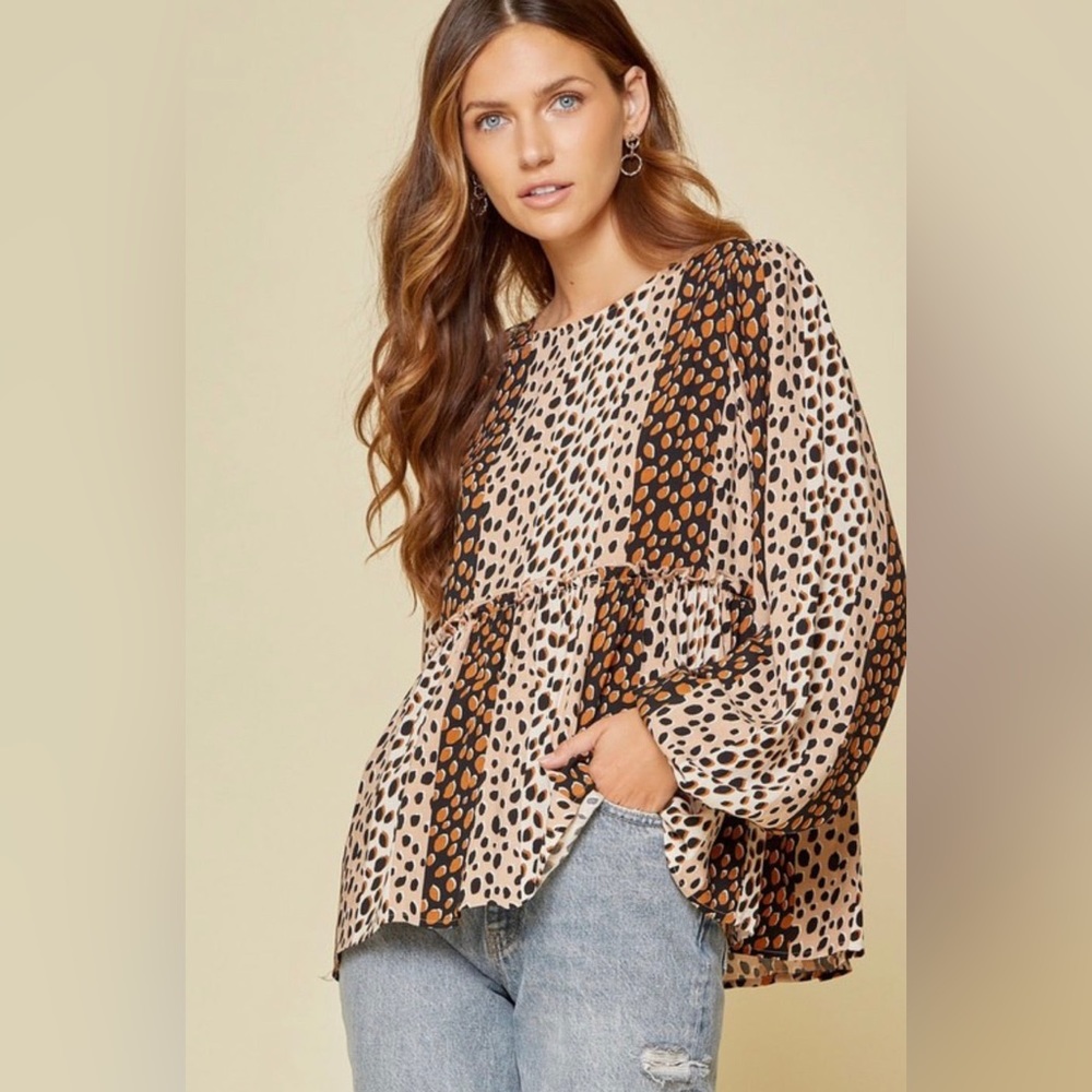 Dalmatian Print Peplum Top, Black & Mocha, Andree By Unit, NWT